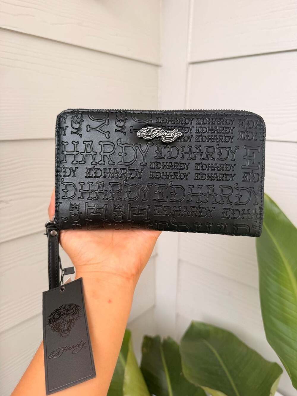 Ed Hardy Black Embossed Logo Zip Around Wristlet Wallet